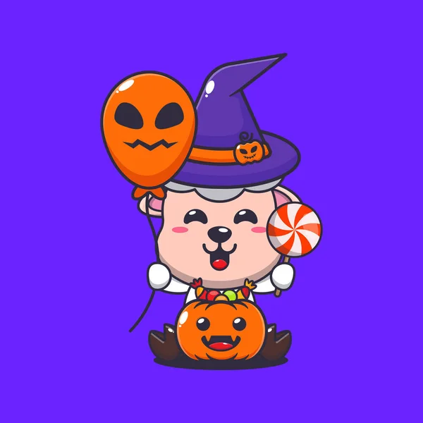 Boszorkány Birka Kezében Halloween Léggömb Cukorka Aranyos Halloween Rajzfilm Illusztráció — Stock Vector