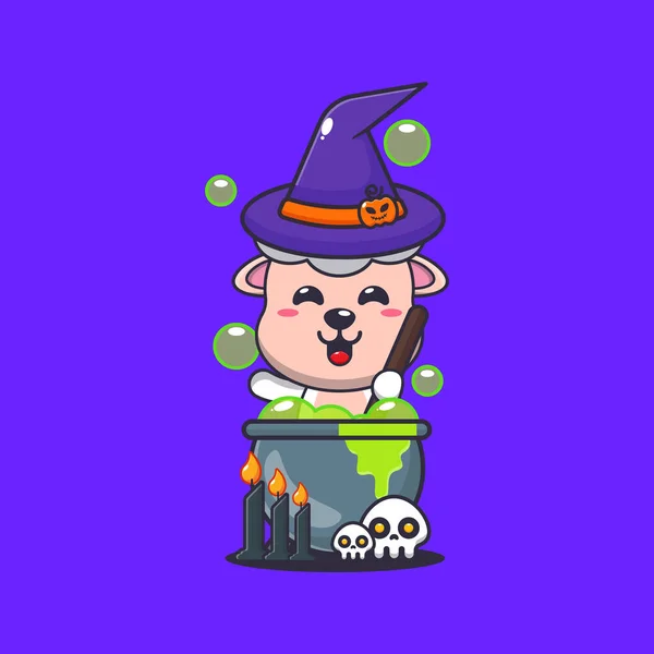 Witch Sheep Making Potion Halloween Day Cute Halloween Cartoon Illustration — Stock Vector