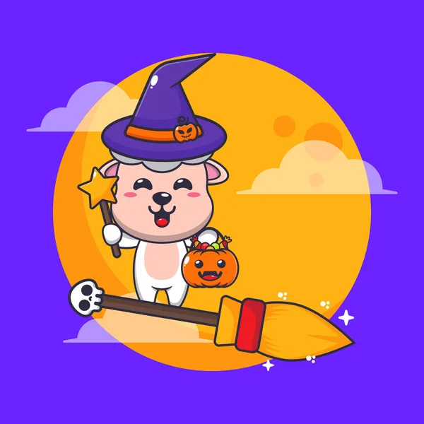 Čarodějnice Ovčí Létat Koštětem Noci Halloween Roztomilé Halloween Kreslené Ilustrace — Stockový vektor