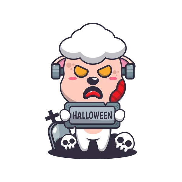 Zombie Sheep Holding Halloween Greeting Stone Cute Halloween Cartoon Illustration — Stock Vector