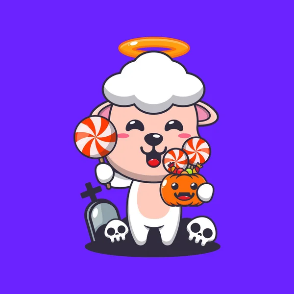 Cute Angel Sheep Holding Machete Halloween Day Cute Halloween Cartoon — Stock Vector