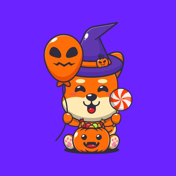 Shiba Inu Boszorkány Halloween Lufival Cukorkával Aranyos Halloween Rajzfilm Illusztráció — Stock Vector
