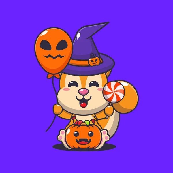 Hekseneekhoorn Met Halloween Ballon Snoep Leuke Halloween Cartoon Illustratie — Stockvector