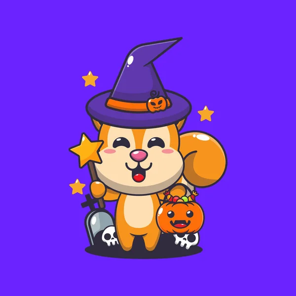 Hekseneekhoorn Halloween Dag Leuke Halloween Cartoon Illustratie — Stockvector