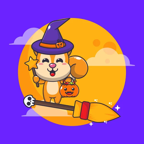 Čarodějnice Veverka Létá Koštětem Halloweenské Noci Roztomilé Halloween Kreslené Ilustrace — Stockový vektor
