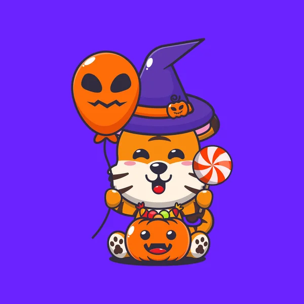 Tygr Čarodějnice Drží Halloween Balón Sladkosti Roztomilé Halloween Kreslené Ilustrace — Stockový vektor