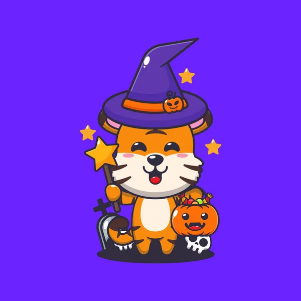 Heksentijger Halloween Dag Leuke Halloween Cartoon Illustratie — Stockvector