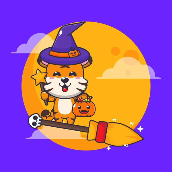 Witch Tiger Fly Broom Halloween Night Cute Halloween Cartoon Illustration — Stock Vector