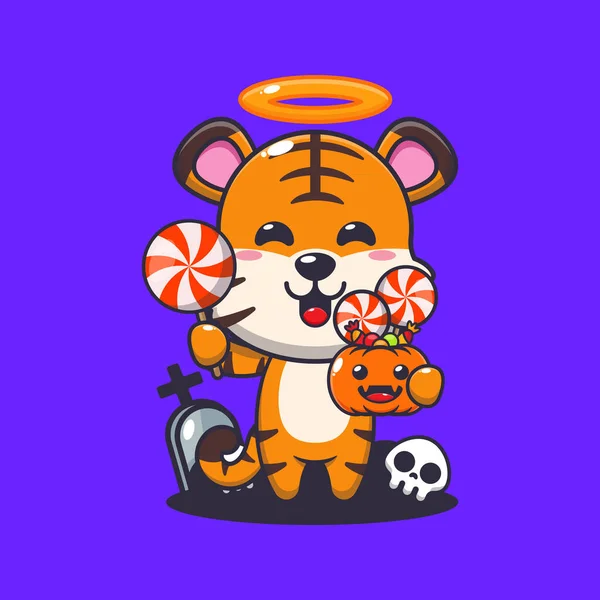 Cute Tygrys Anioł Trzymając Maczetę Dzień Halloween Cute Ilustracji Kreskówki — Wektor stockowy