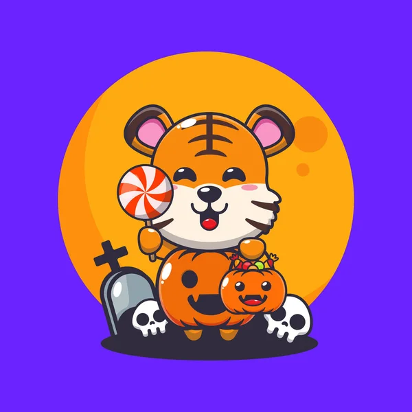 Netter Tiger Mit Halloween Kürbiskostüm Niedliche Halloween Karikatur — Stockvektor