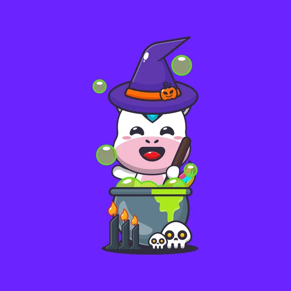 Unicórnio Bruxa Fazer Poção Dia Das Bruxas Bonito Halloween Desenho — Vetor de Stock