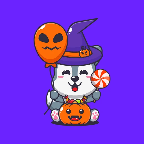 Vlk Čarodějnice Drží Halloween Balón Sladkosti Roztomilé Halloween Kreslené Ilustrace — Stockový vektor