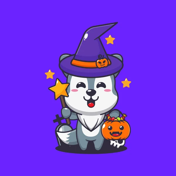 Čarodějný Vlk Halloweenském Dni Roztomilé Halloween Kreslené Ilustrace — Stockový vektor