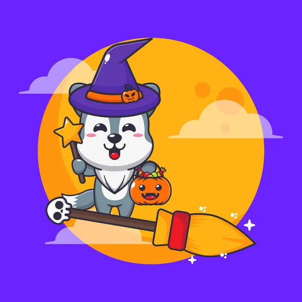 Heksenwolfvlieg Met Bezem Halloween Nacht Leuke Halloween Cartoon Illustratie — Stockvector