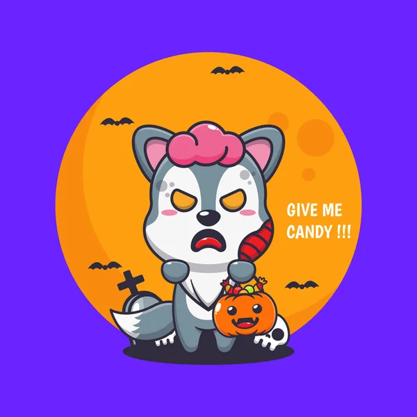 Zombie Wolf Want Candy Cute Halloween Cartoon Illustration — Stock Vector