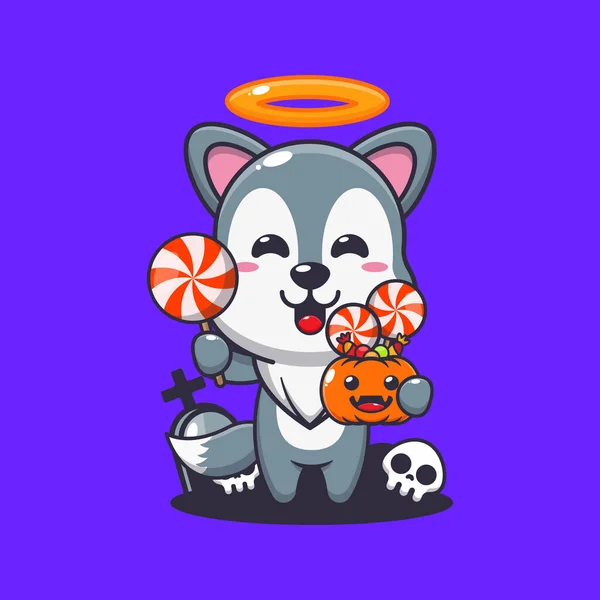 Cute Angel Wolf Holding Machete Halloween Day Cute Halloween Cartoon — Stock Vector