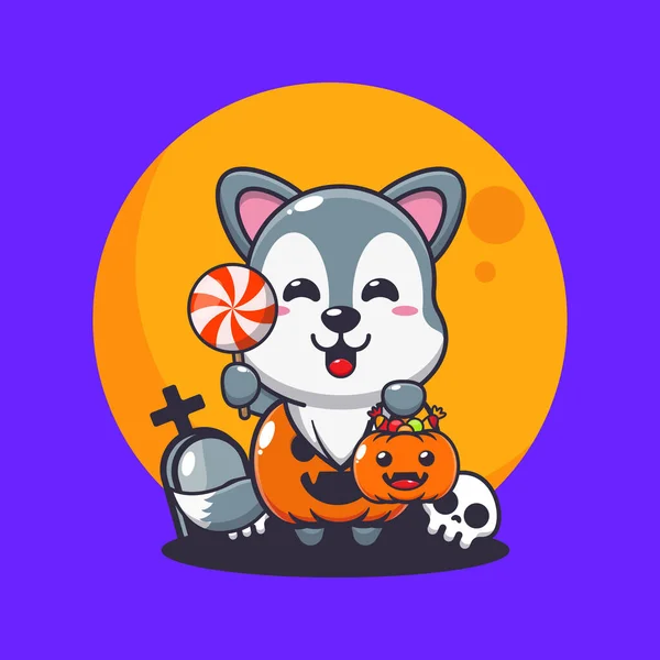 Słodki Wilk Kostiumie Dyni Halloween Cute Ilustracji Kreskówki Halloween — Wektor stockowy