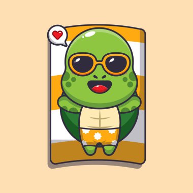 Güneş gözlüklü şirin kaplumbağa plaj çizgi filminde uyur.. 