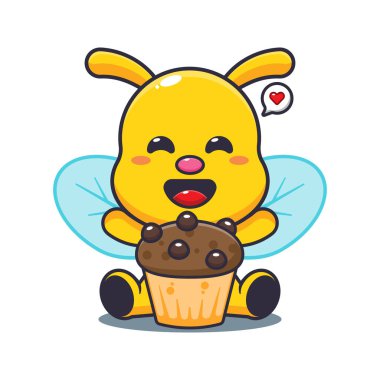 Kupa kek karikatür vektör illüstrasyonu ile arı.