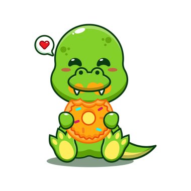 Dino çörek yiyor vektör çizimi.