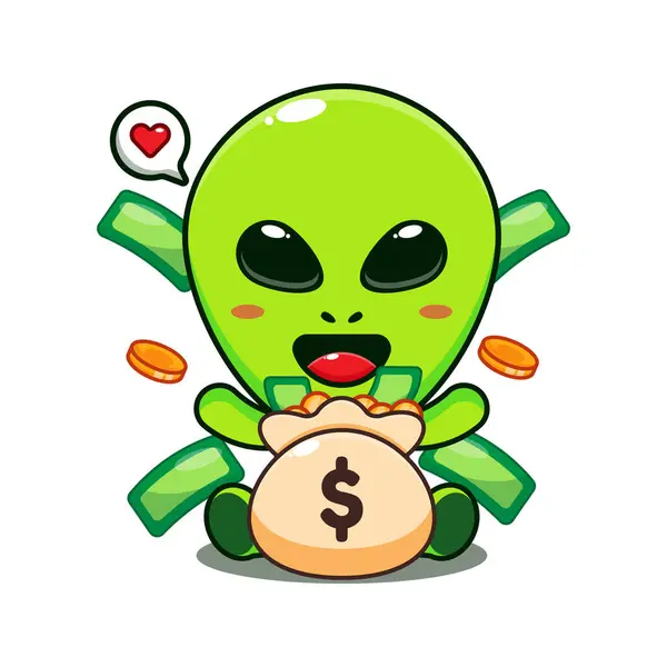 Cute Alien Money Bag Cartoon Vector Illustration — Stock Vector