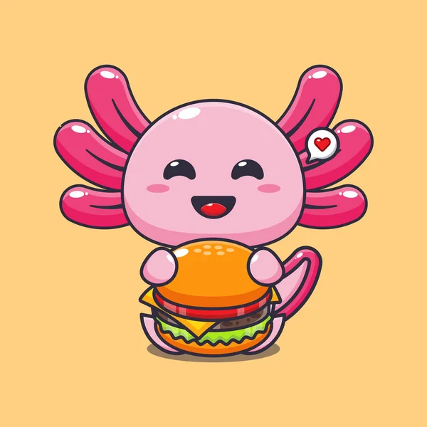 Axolotl Met Burger Cartoon Vector Illustratie — Stockvector