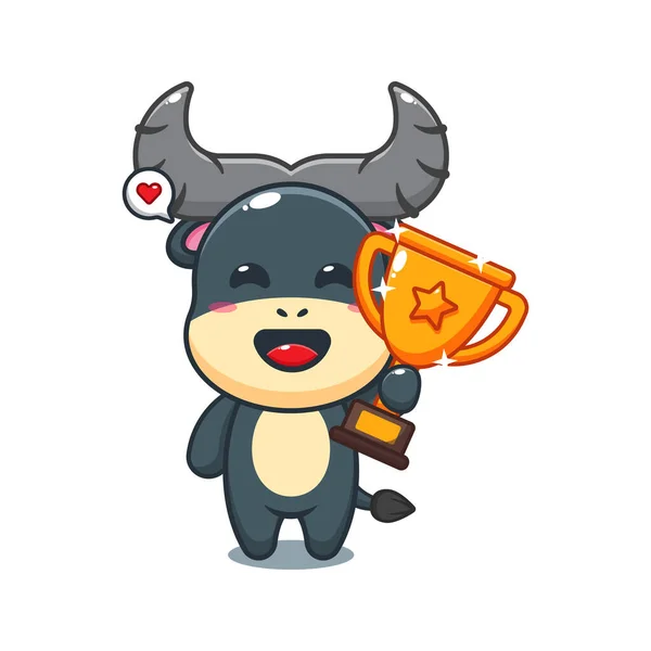 Buffel Met Gouden Trofee Beker Cartoon Vector Illustratie — Stockvector