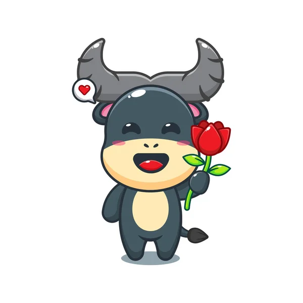 Buffalo Holding Rose Flower Cartoon Vector Illustration — Stock Vector