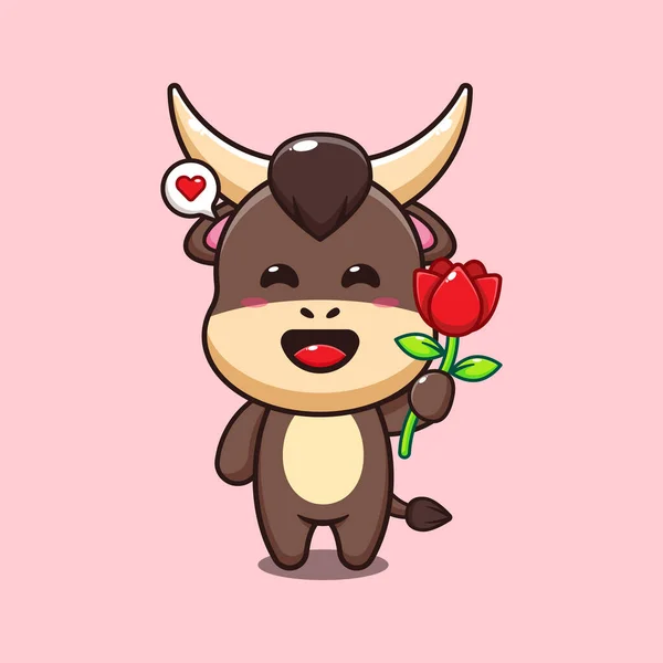 Bull Holding Rose Flower Cartoon Vector Illustration — Stock Vector