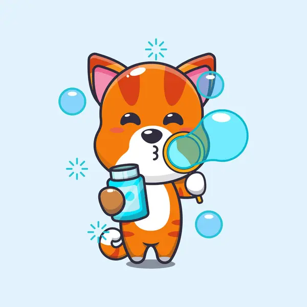 Cat Blowing Bubbles Cartoon Vector Illustration — Stock Vector