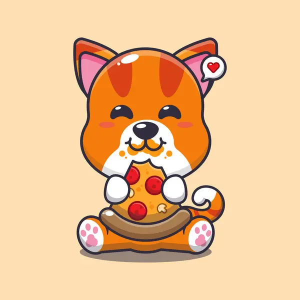 Katt Äta Pizza Tecknad Vektor Illustration — Stock vektor