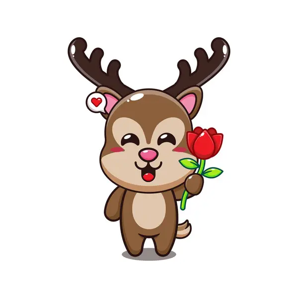 Deer Holding Rose Flower Cartoon Vector Illustration — Stock Vector