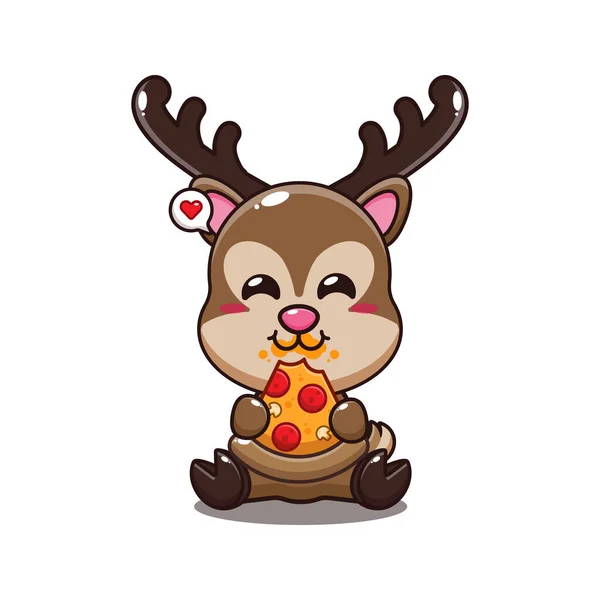 Cervo Mangiare Pizza Cartone Animato Vettoriale Illustrazione — Vettoriale Stock