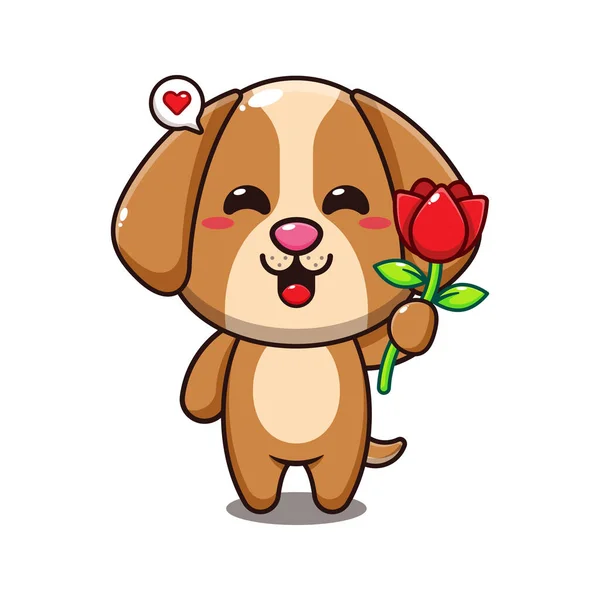 Pes Držení Růže Květinový Kreslený Vektor Ilustrace — Stockový vektor