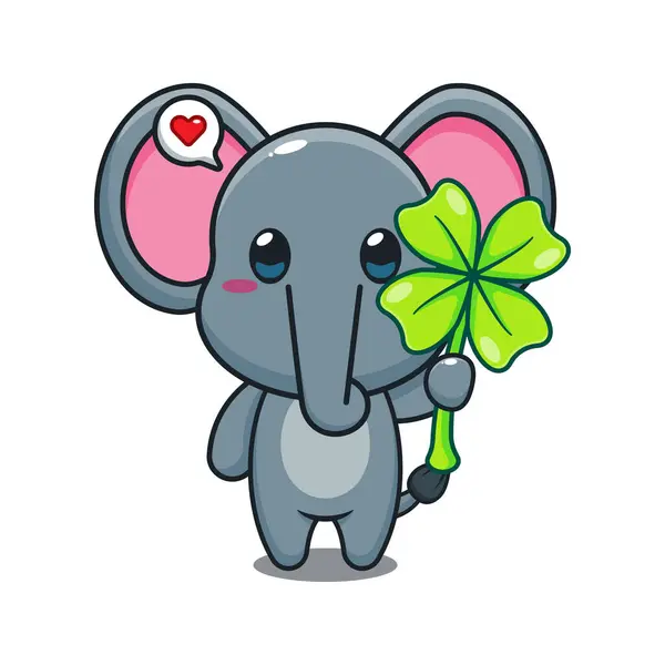 Cute Elephant Clover Leaf Cartoon Vector Illustration — Stock Vector
