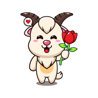 Keçi elinde gül çiçeği çizgi film çizimi.