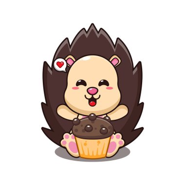 Kirpi ve fincanlı kek vektör çizimi.