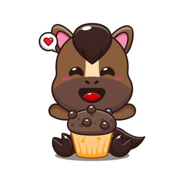 Fincanlı kek ile şirin at vektör çizimi.