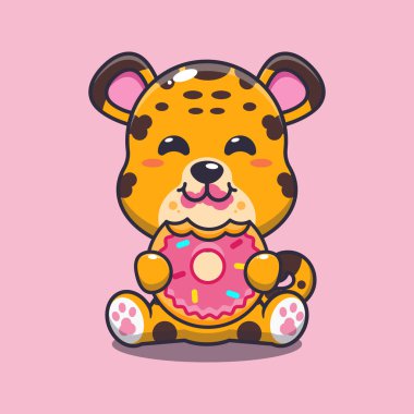 Leopar donut yiyor vektör çizimi.