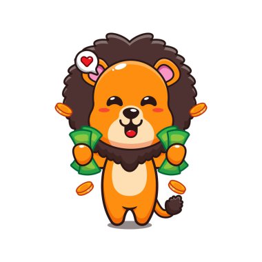 Tatlı aslan para tutuyor. Çizgi film vektör çizimi..