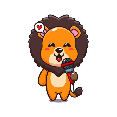 şirin aslan mikrofon tutuyor vektör çizimi.