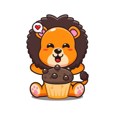 Tatlı aslan ve kupa kek vektör çizimi.