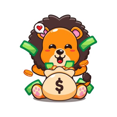 Para çantası karikatür vektör çizimi ile sevimli aslan.