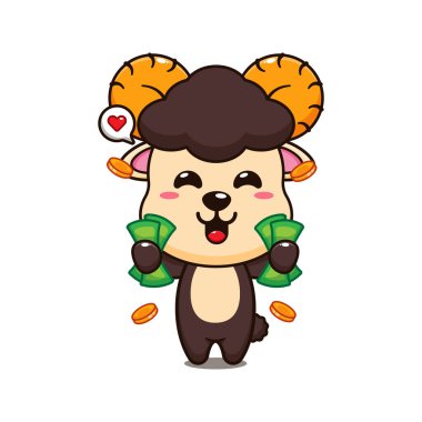 Koyun elinde para tutuyordu. Çizgi film çizimi..