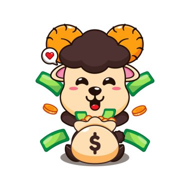 Para çantası olan koç koyunu çizgi film vektör çizimi.