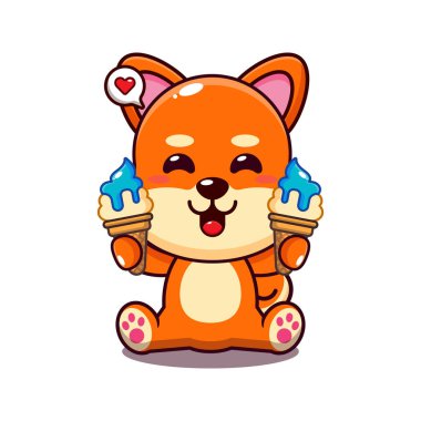 Tatlı shiba inu ve dondurma vektör çizimi.