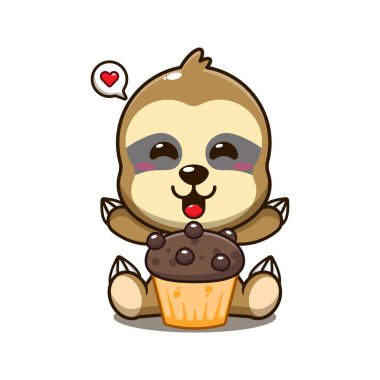 Fincanlı kek çizgi film çizimi olan şirin tembel hayvan..