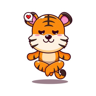 Tatlı kaplan meditasyon yapıyor yoga çizgi filmi vektör çizimi.