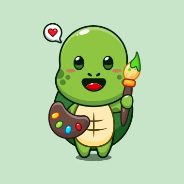 Şirin kaplumbağa ressamı karikatür vektör çizimi.