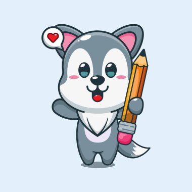 Kurşun kalem taşıyan sevimli kurt vektör çizimi.